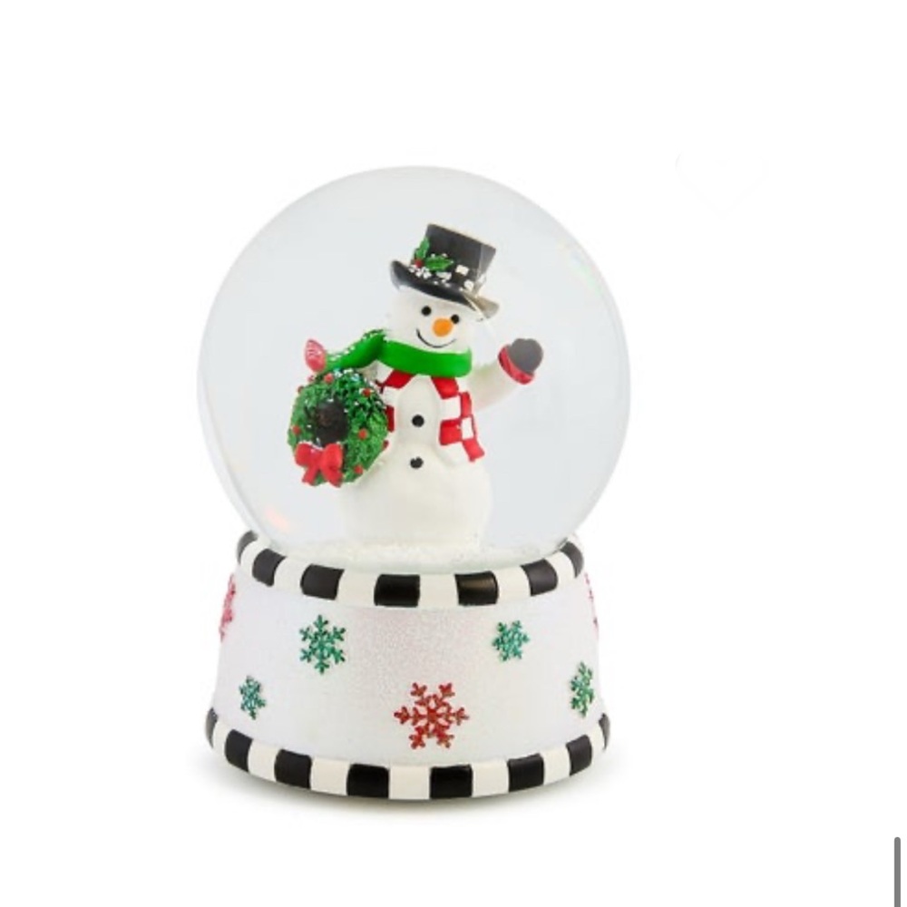 MacKenzie-Childs White Snowman Snow Globe with Black Hat and Green Scarf
